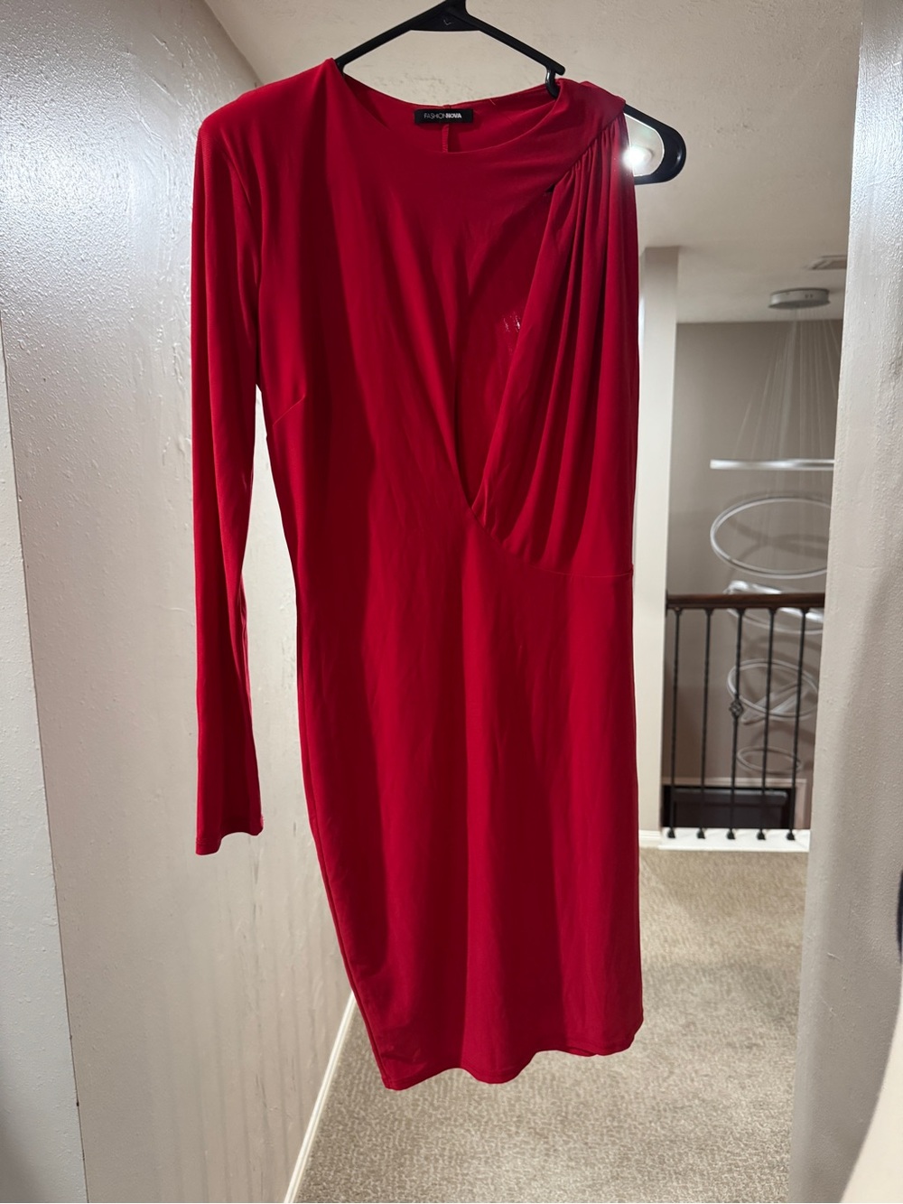 Fashion Nova Red Long-Sleeve One-Shoulder Draped Dress
